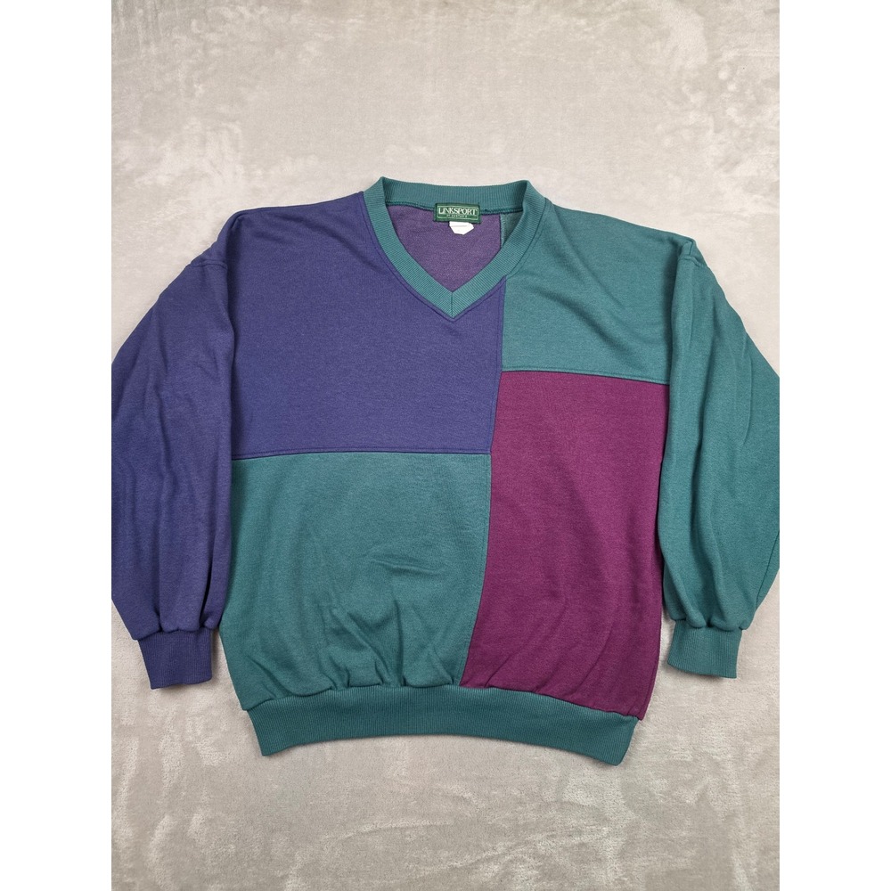 Vintage Linksport Austads V-Neck Sweatshirt Mens XL 90s Colorblock *Read
